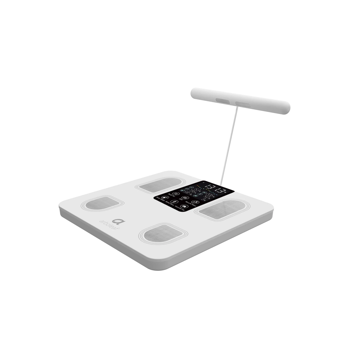 A white digital body fat analyzer scale with a T-bar electrode and an integrated digital display screen, shown on a solid white background.