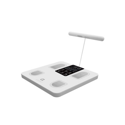 A white digital body fat analyzer scale with a T-bar electrode and an integrated digital display screen, shown on a solid white background.