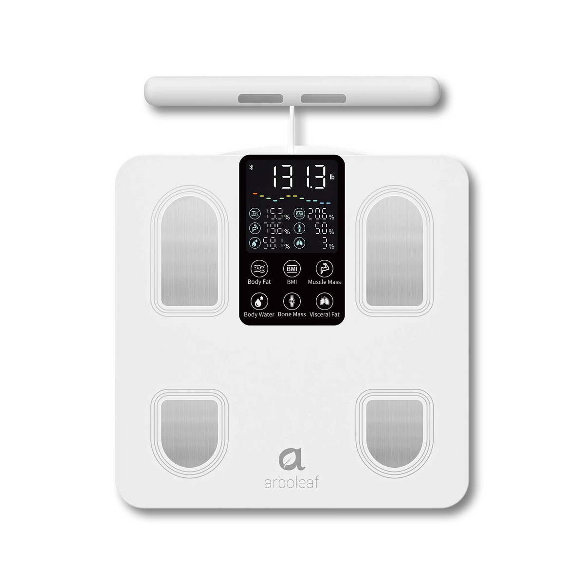 A white Arboleaf body fat and health monitor scale with a digital display screen in the center and four metallic sensor pads, shown on a solid white background.