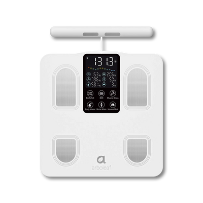 A white Arboleaf body fat and health monitor scale with a digital display screen in the center and four metallic sensor pads, shown on a solid white background.