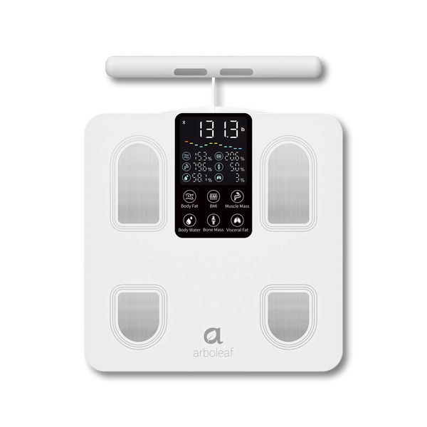 A white Arboleaf body fat and health monitor scale with a digital display screen in the center and four metallic sensor pads, shown on a solid white background.