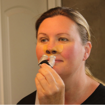 Demonstration of applying Bleep Eclipse magnetic MagSeal Halos to nostrils without headgear