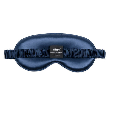 Front perspective of Blissy pure mulberry silk sleep mask in sky blue