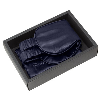 Blissy soft blue mulberry silk eye mask packaged inside premium white branded gift box