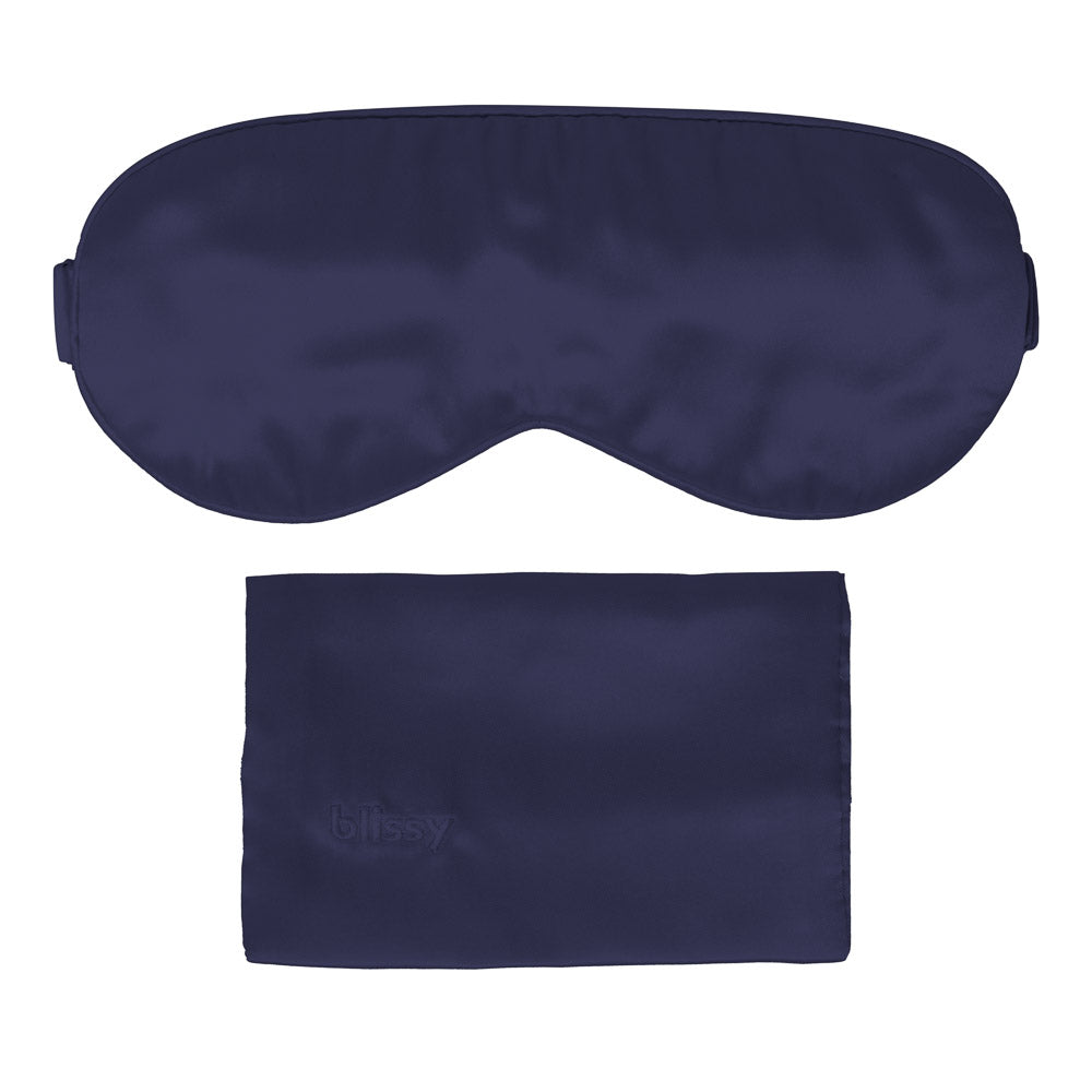 Cushioned Blissy 100% mulberry silk sleep mask in serene blue laid flat