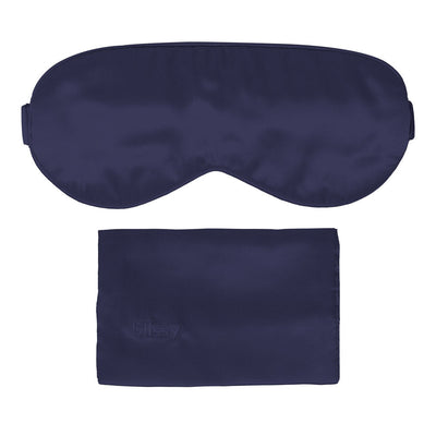 Cushioned Blissy 100% mulberry silk sleep mask in serene blue laid flat