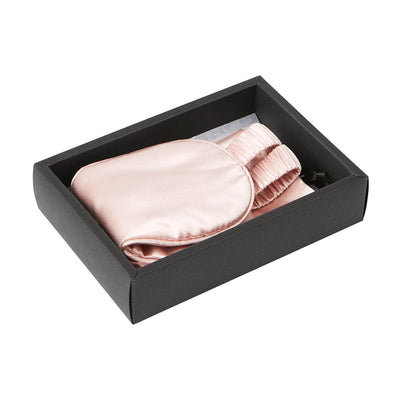 Blissy pink pure mulberry silk sleep mask displayed inside rigid luxury gift box