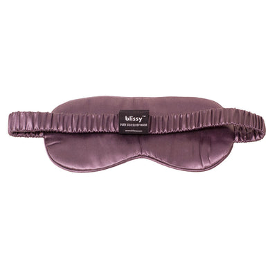 Back view of Blissy plum silk eye mask showing comfortable elastic silk-covered headband
