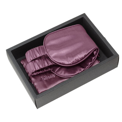 Blissy mulberry silk sleep mask in plum presented in luxury magnetic gift box packaging