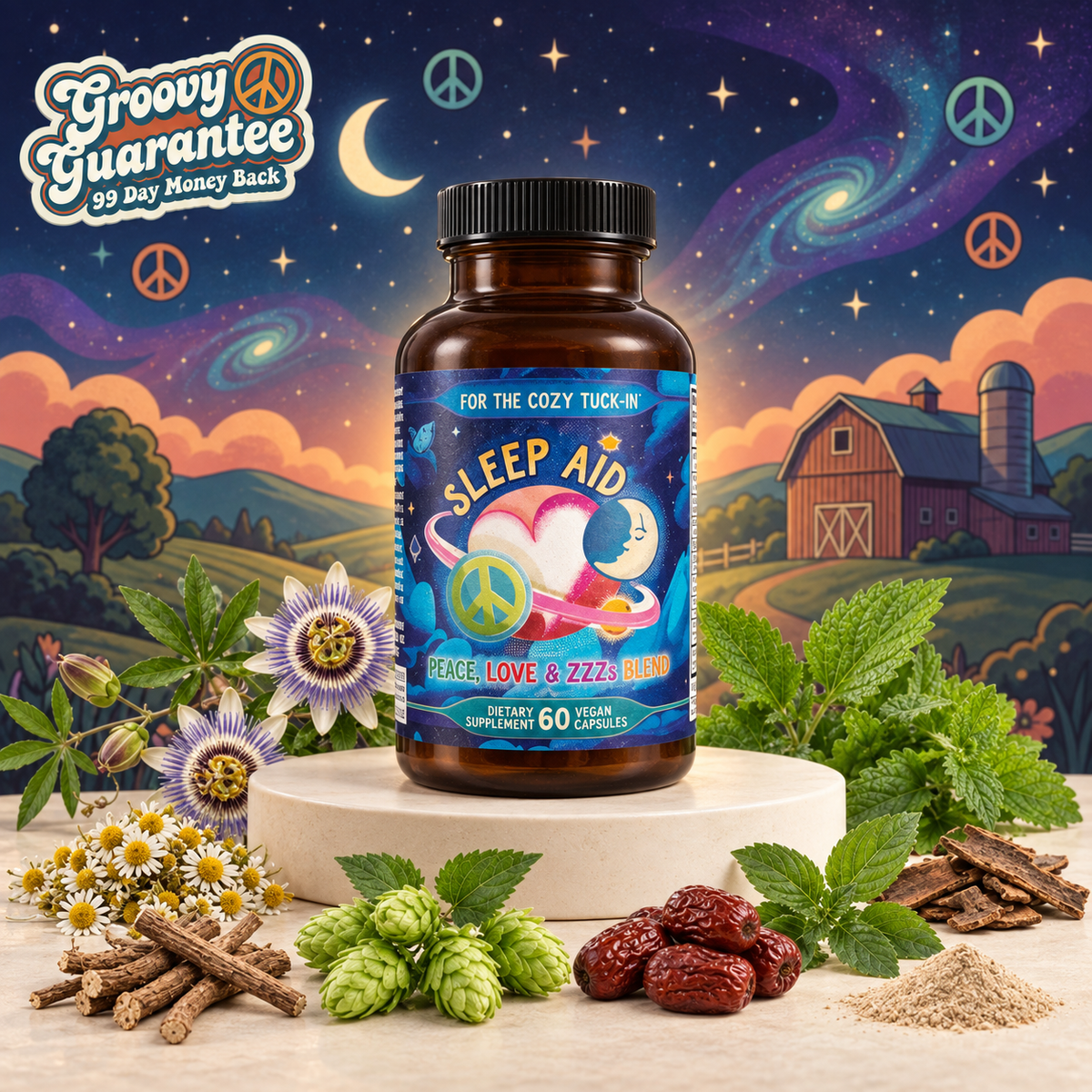 Bottle of Hippie Farms Peace, Love & ZZZs natural herbal sleep aid capsules