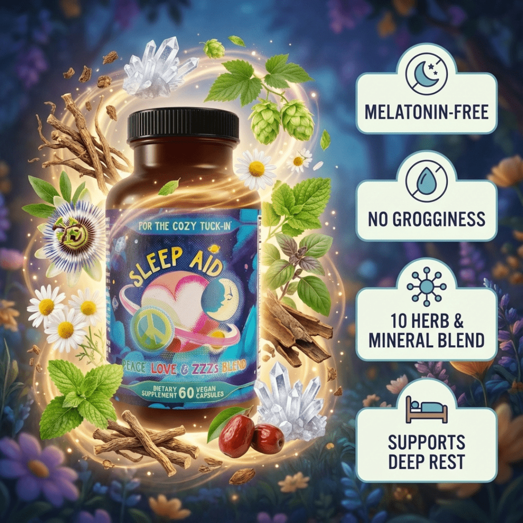 Bottle of Hippie Farms Peace, Love & ZZZs sleep blend highlighting herbal calming ingredients