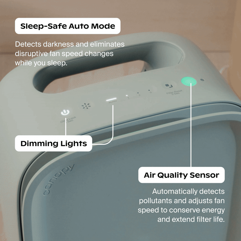 Animated graphic illustrating auto-dimming sleep-friendly display lights on Canopy air purifier