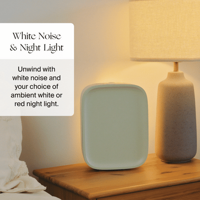 Animated graphic demonstrating soothing white noise fan and amber night light on Canopy purifier