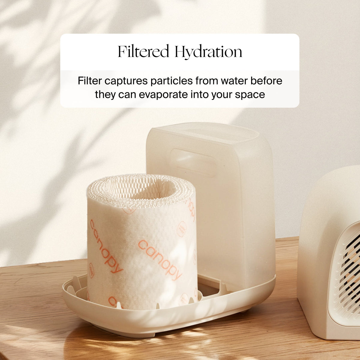 Graphic detailing anti-microbial evaporative paper filter technology in Canopy humidifier