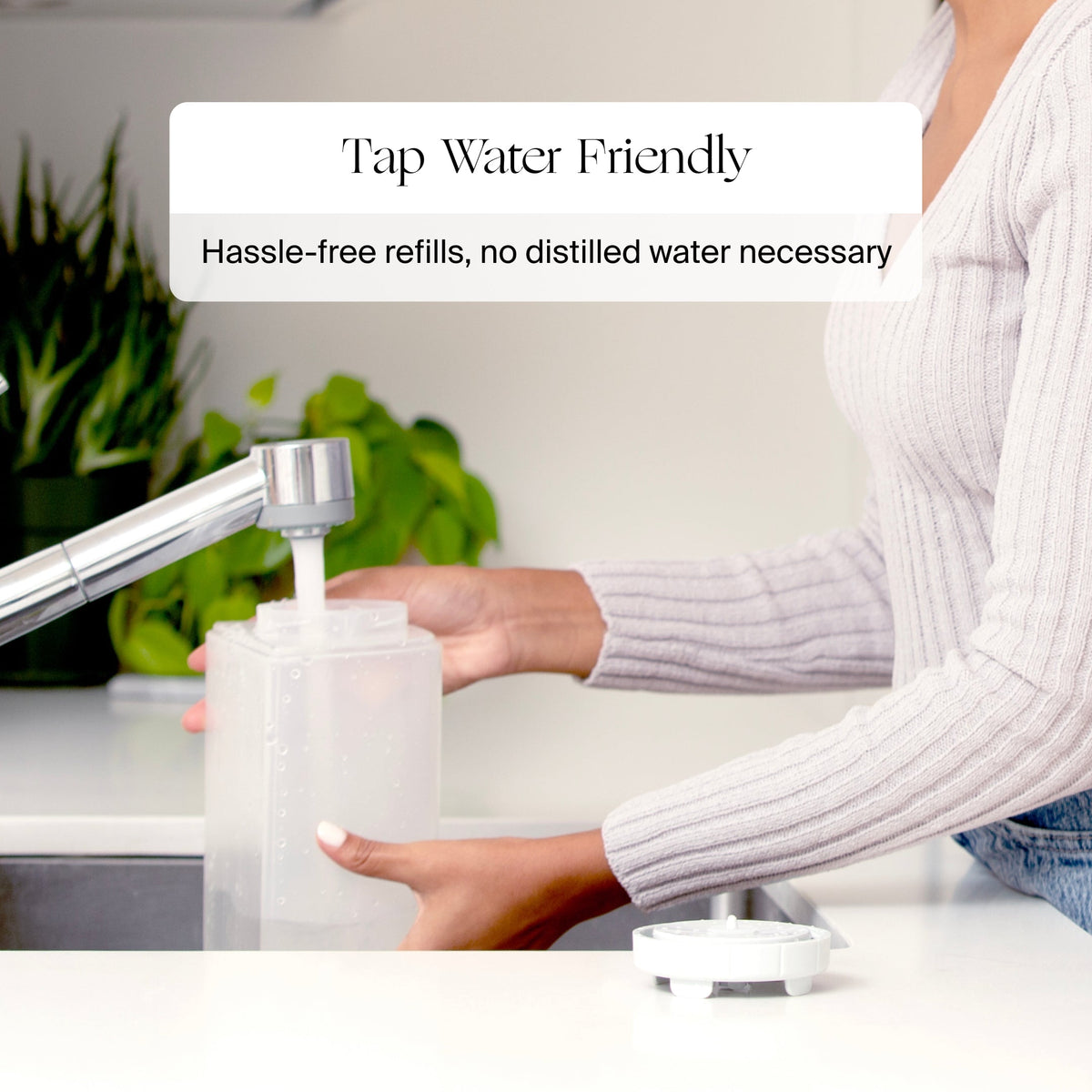 Canopy Large Room Humidifier graphic: works with tap water