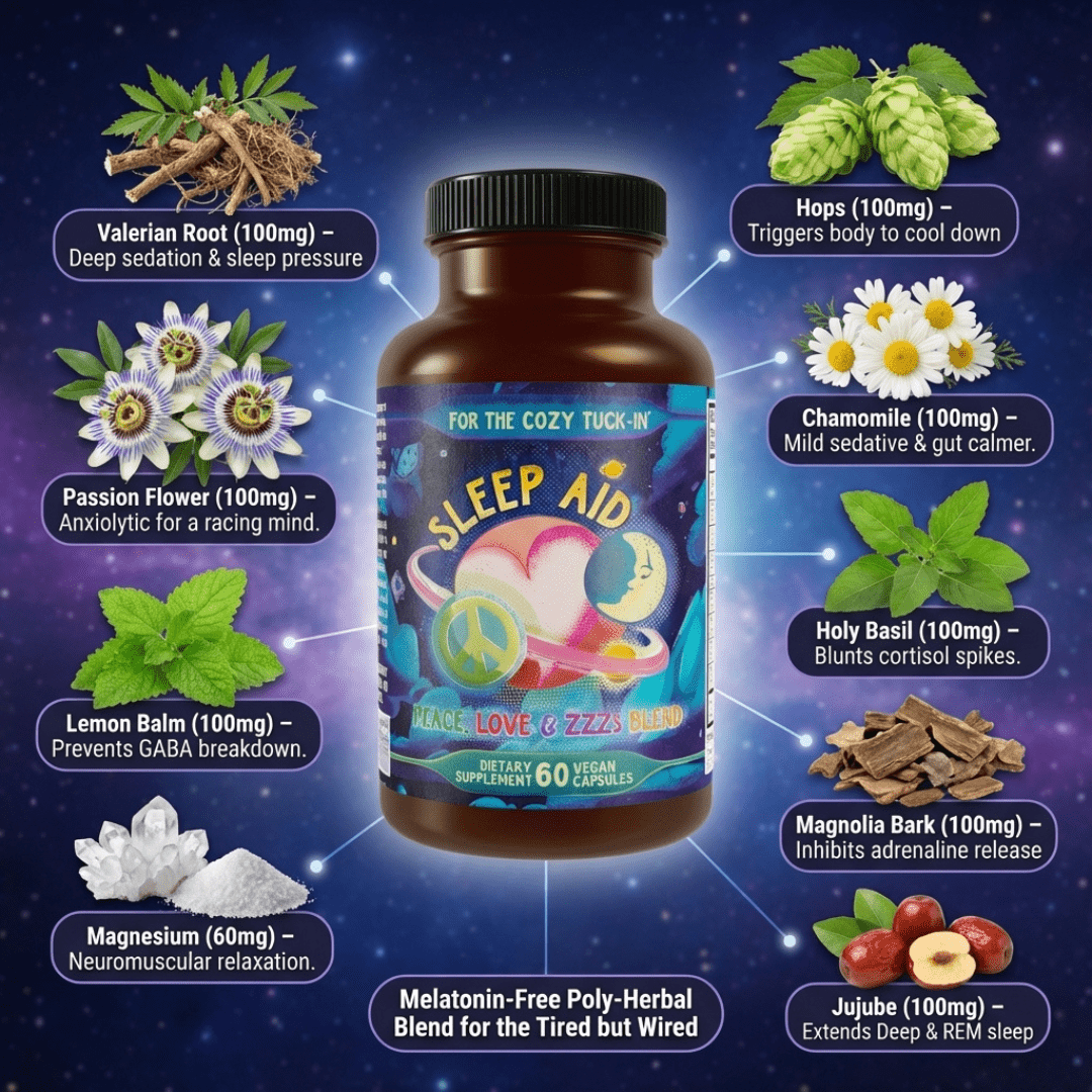 Capsules and packaging of Hippie Farms Peace, Love & ZZZs nighttime sleep support blend