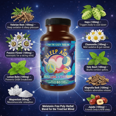 Capsules and packaging of Hippie Farms Peace, Love & ZZZs nighttime sleep support blend