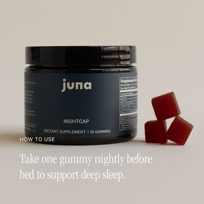Chewy plant-based Juna Nightcap sleep gummy displaying clean organic formulation
