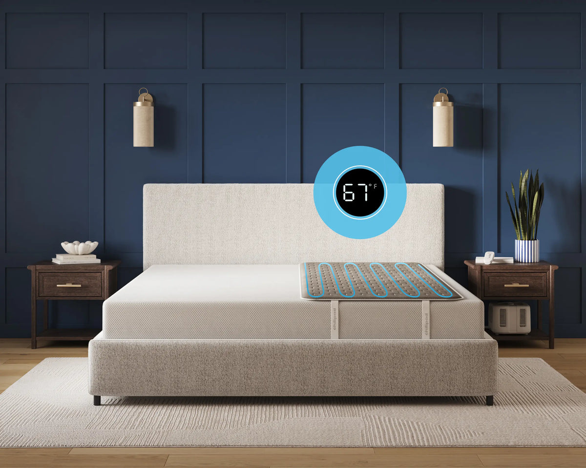 Beige bed with digital display in a bedroom setting