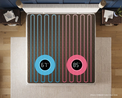 Heated floor mat with digital temperature displays on a wooden floor.