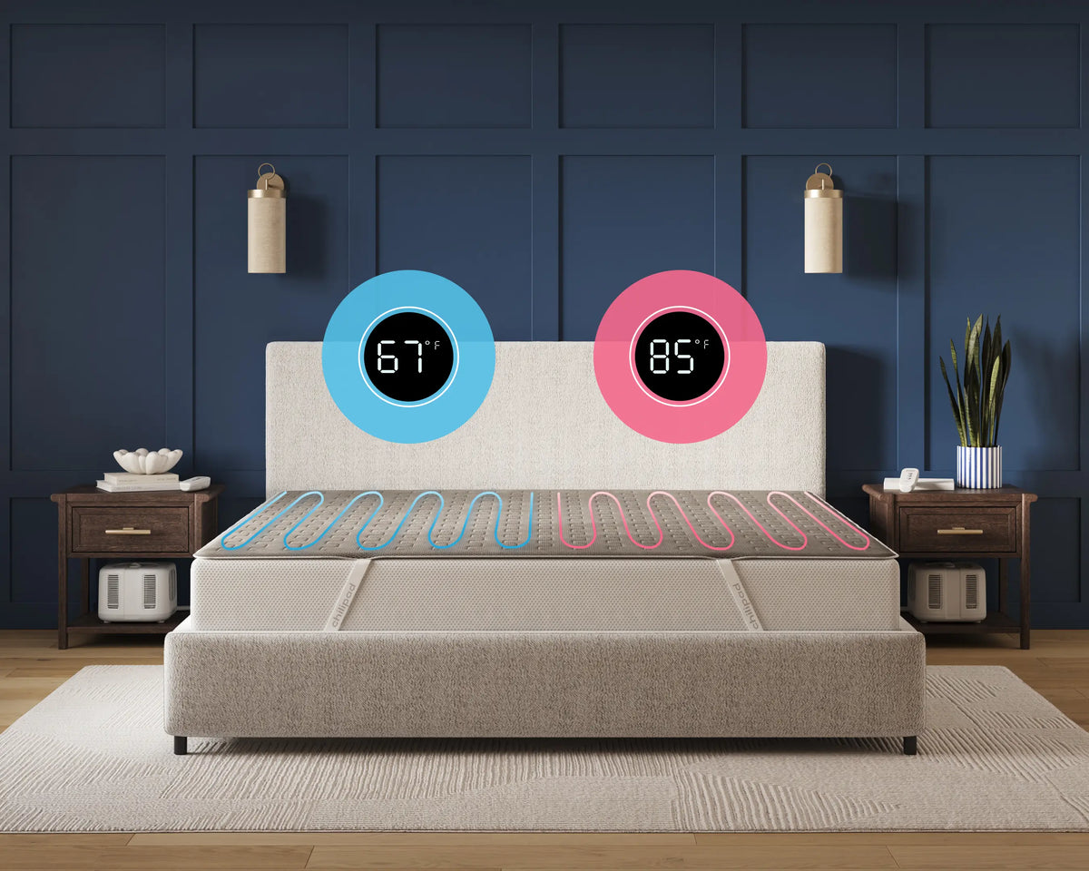 Heated mattress with temperature display in a bedroom setting