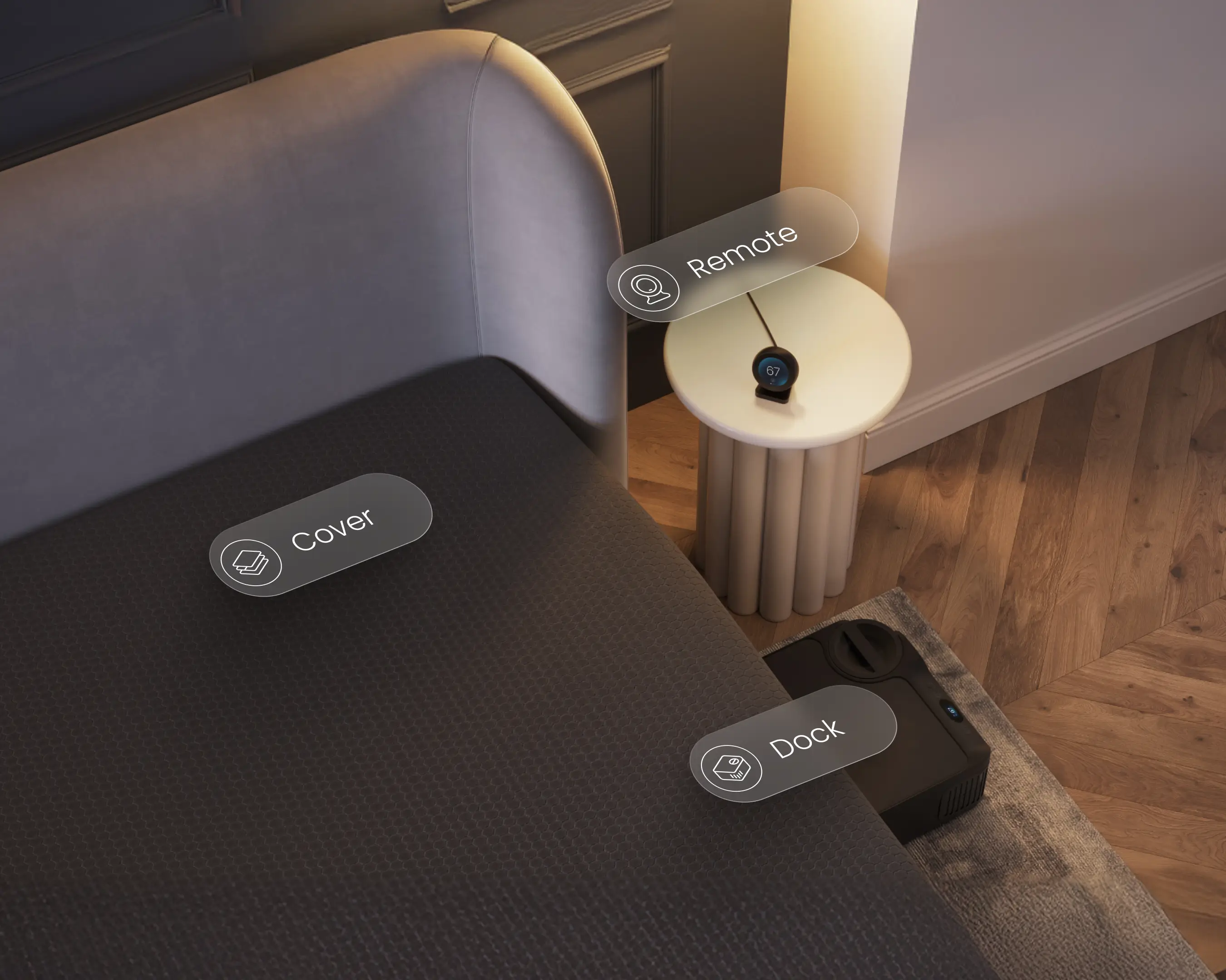 Smart home device with labeled components on a bed in a bedroom setting.