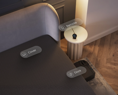 Smart home device with labeled components on a bed in a bedroom setting.