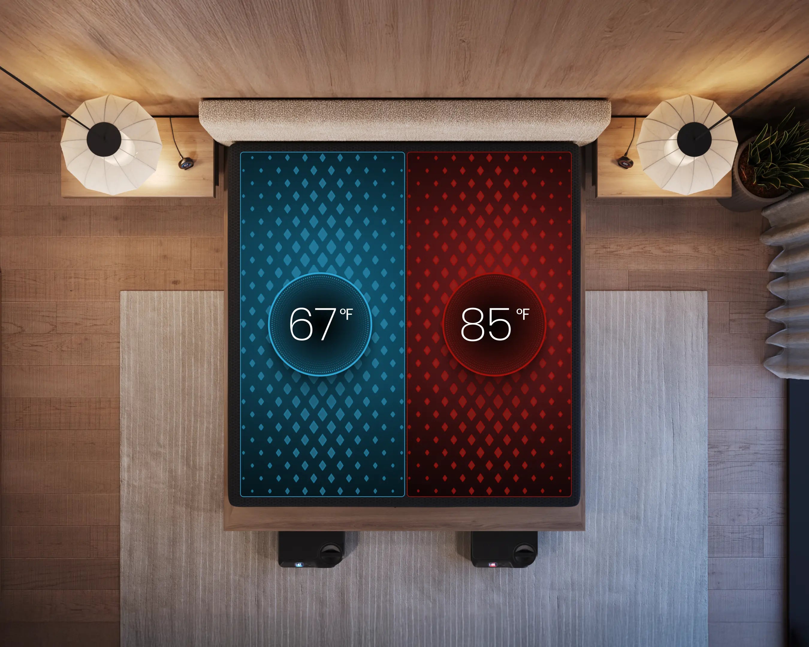 Digital temperature display on a wooden surface with two speakers below.