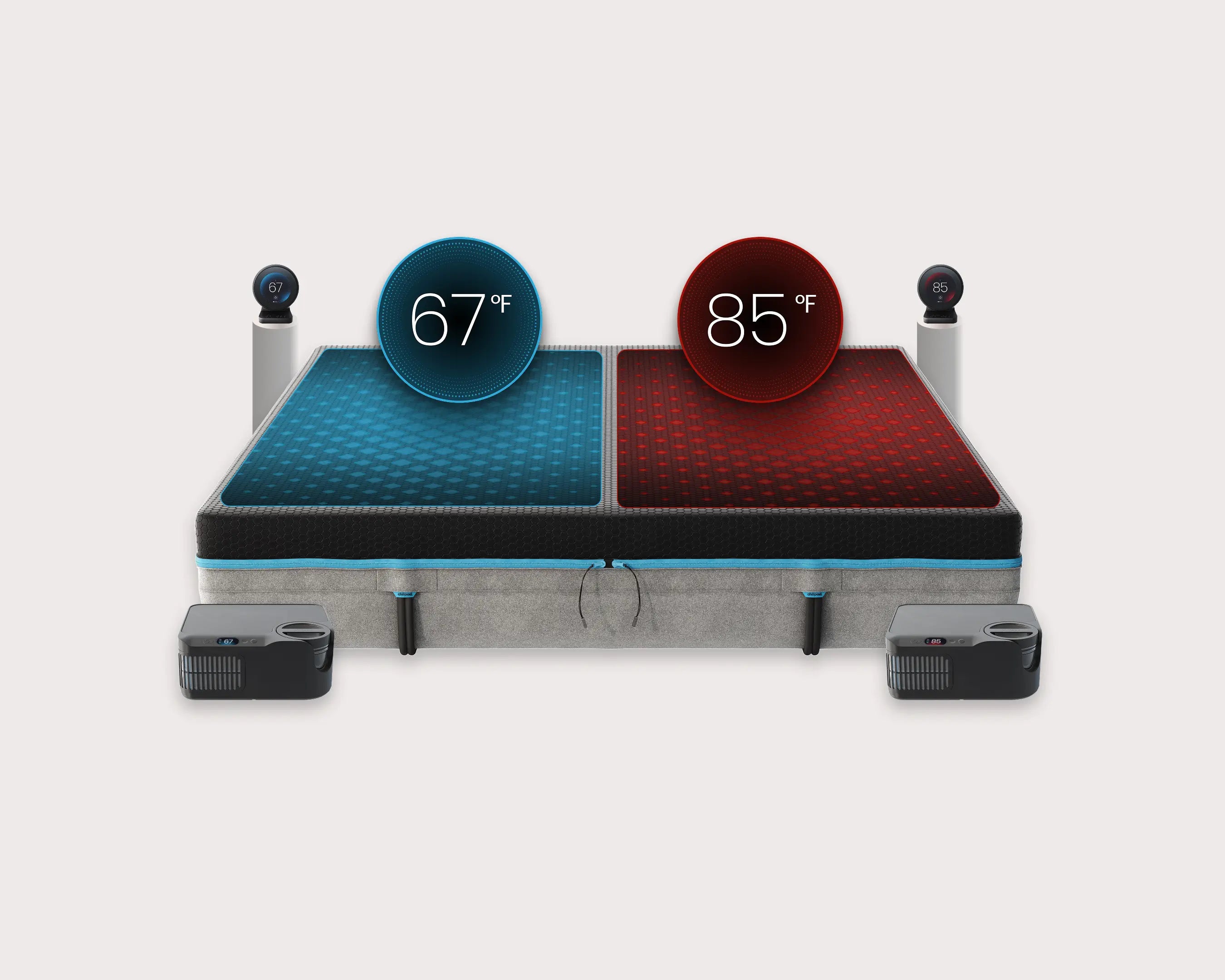 Smart mattress with temperature control display on a white background