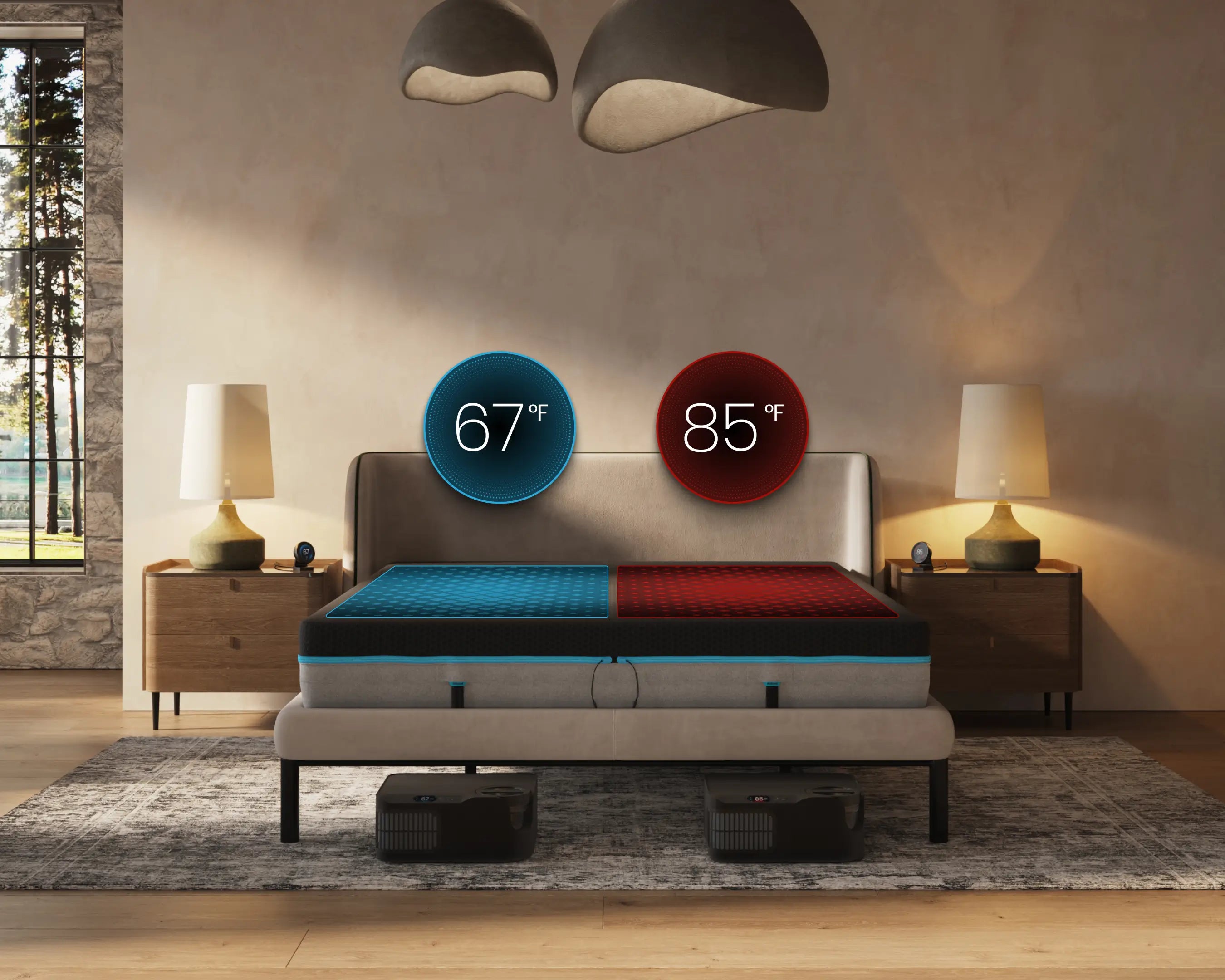 Smart mattress with temperature display in a modern bedroom