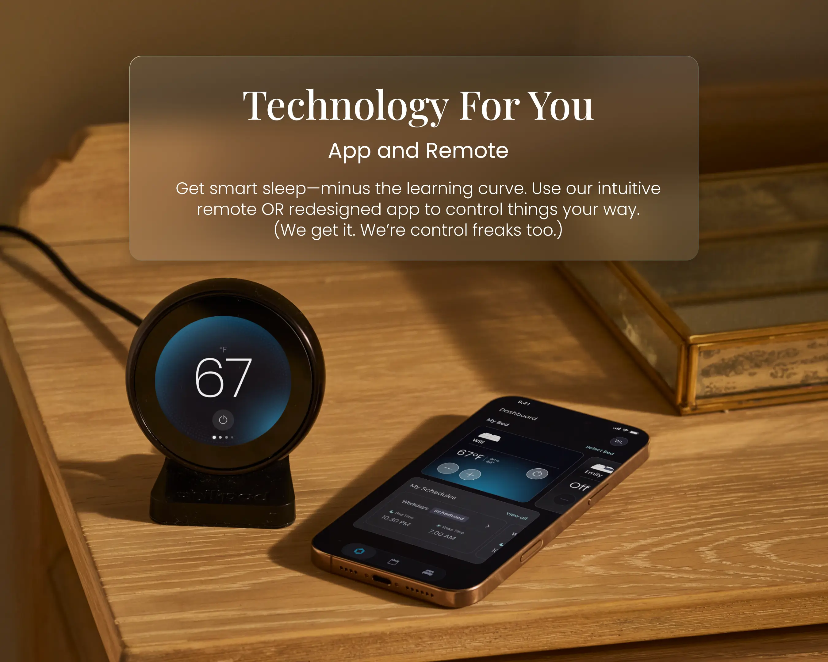 Smart device and smartphone on a wooden surface with text overlay about app and remote control.