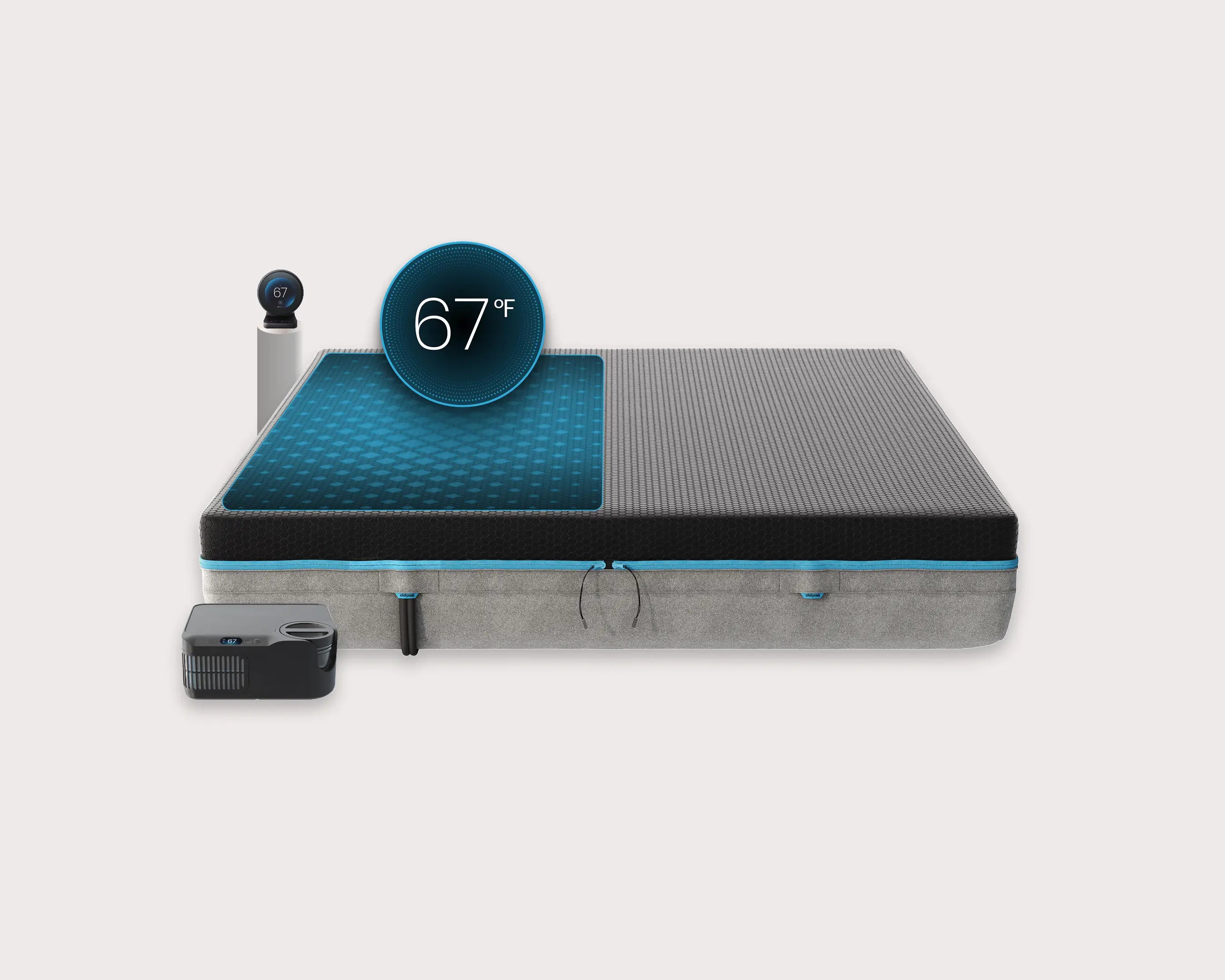 Smart mattress with temperature display on a white background