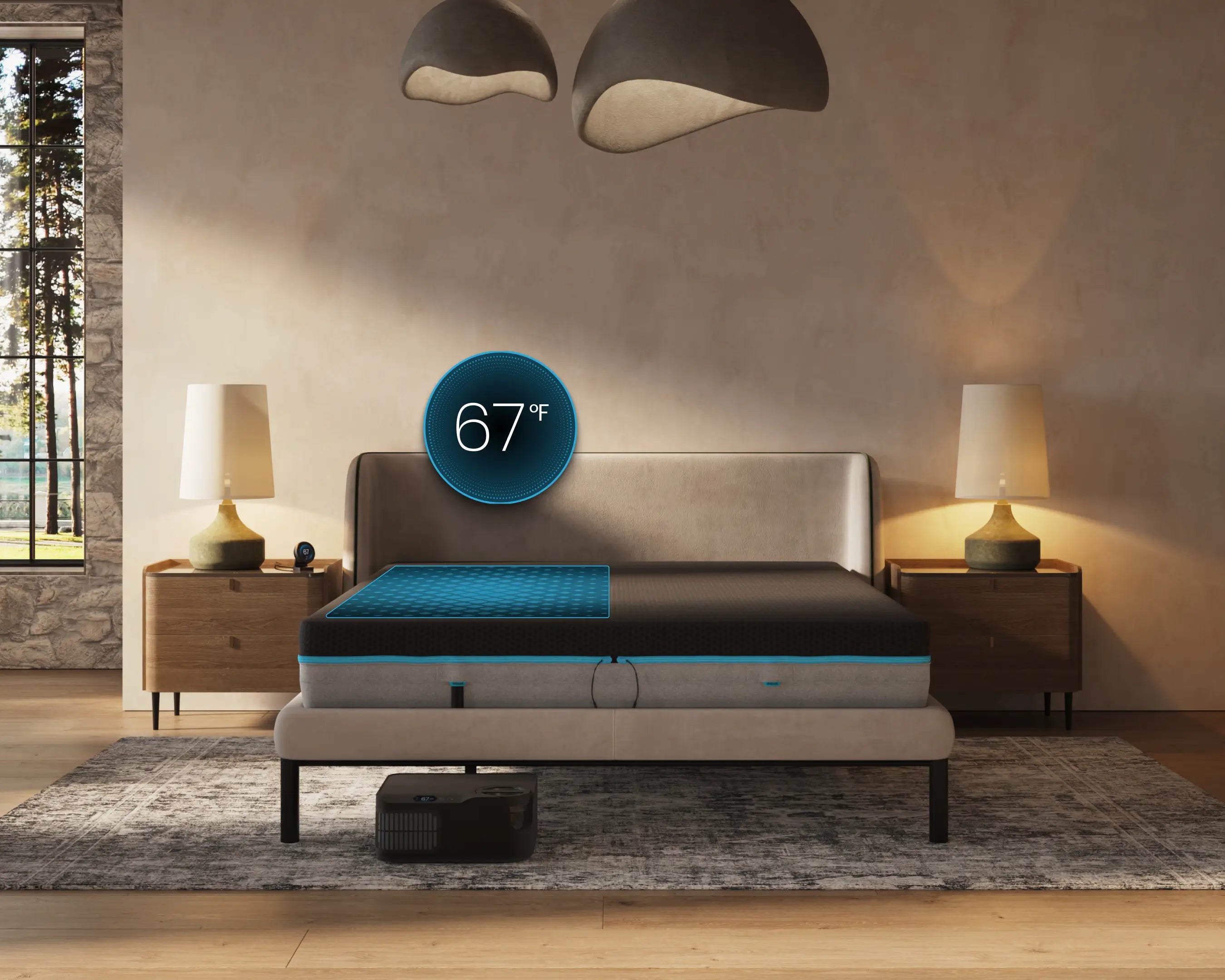 Smart bed with temperature display in a modern bedroom