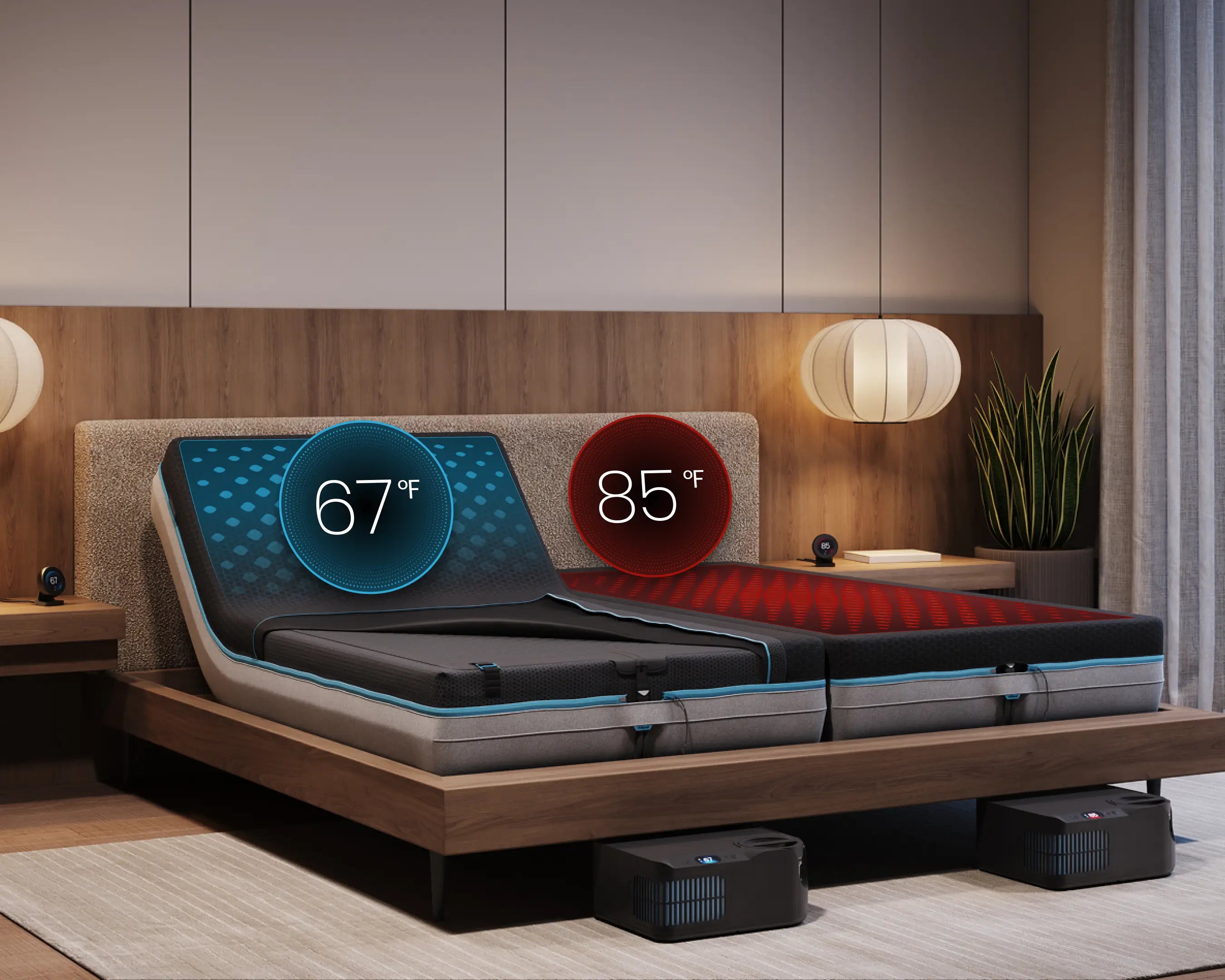 Smart bed with digital displays showing temperature in a bedroom setting.