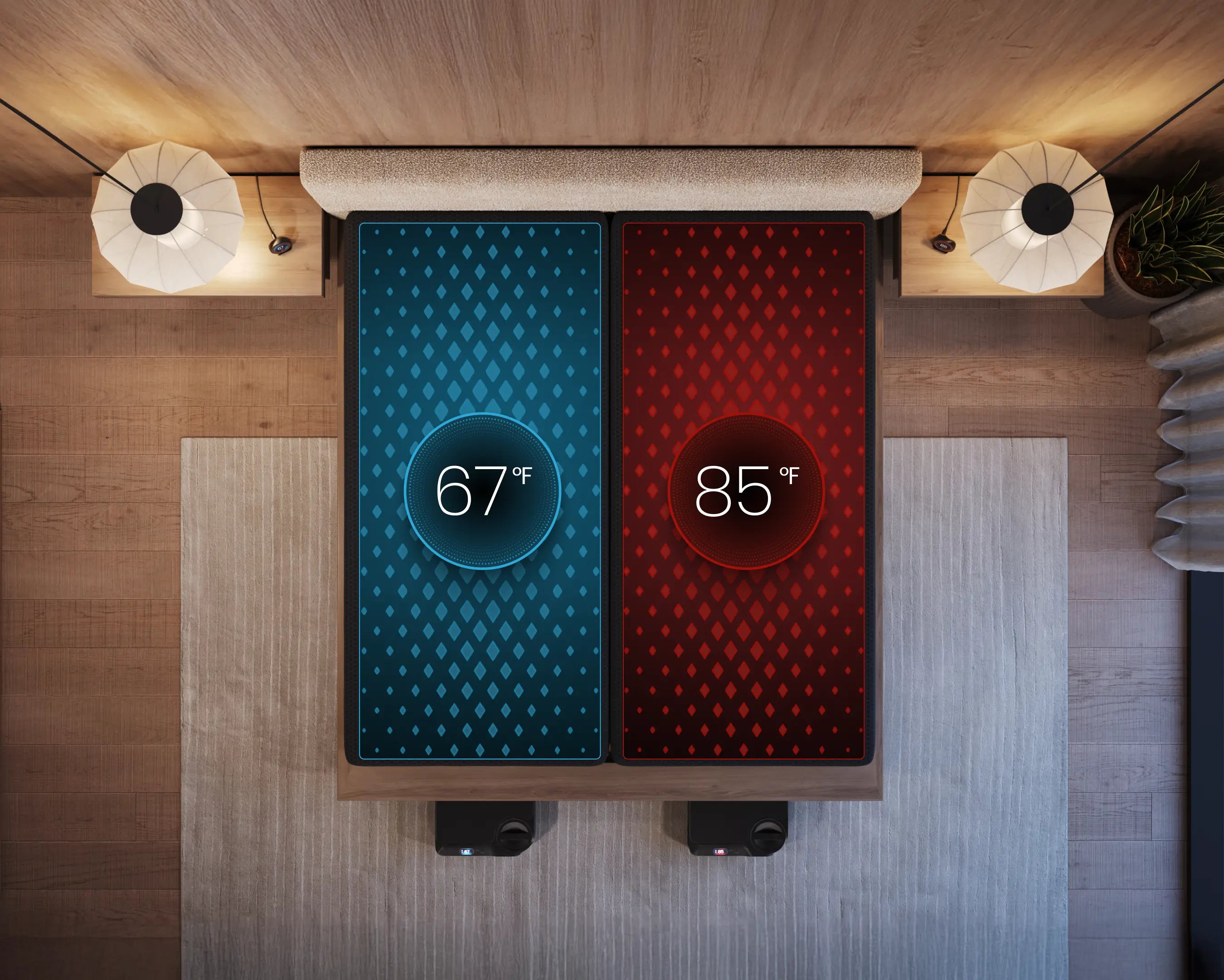 Two digital temperature displays on a wooden surface with decorative elements.