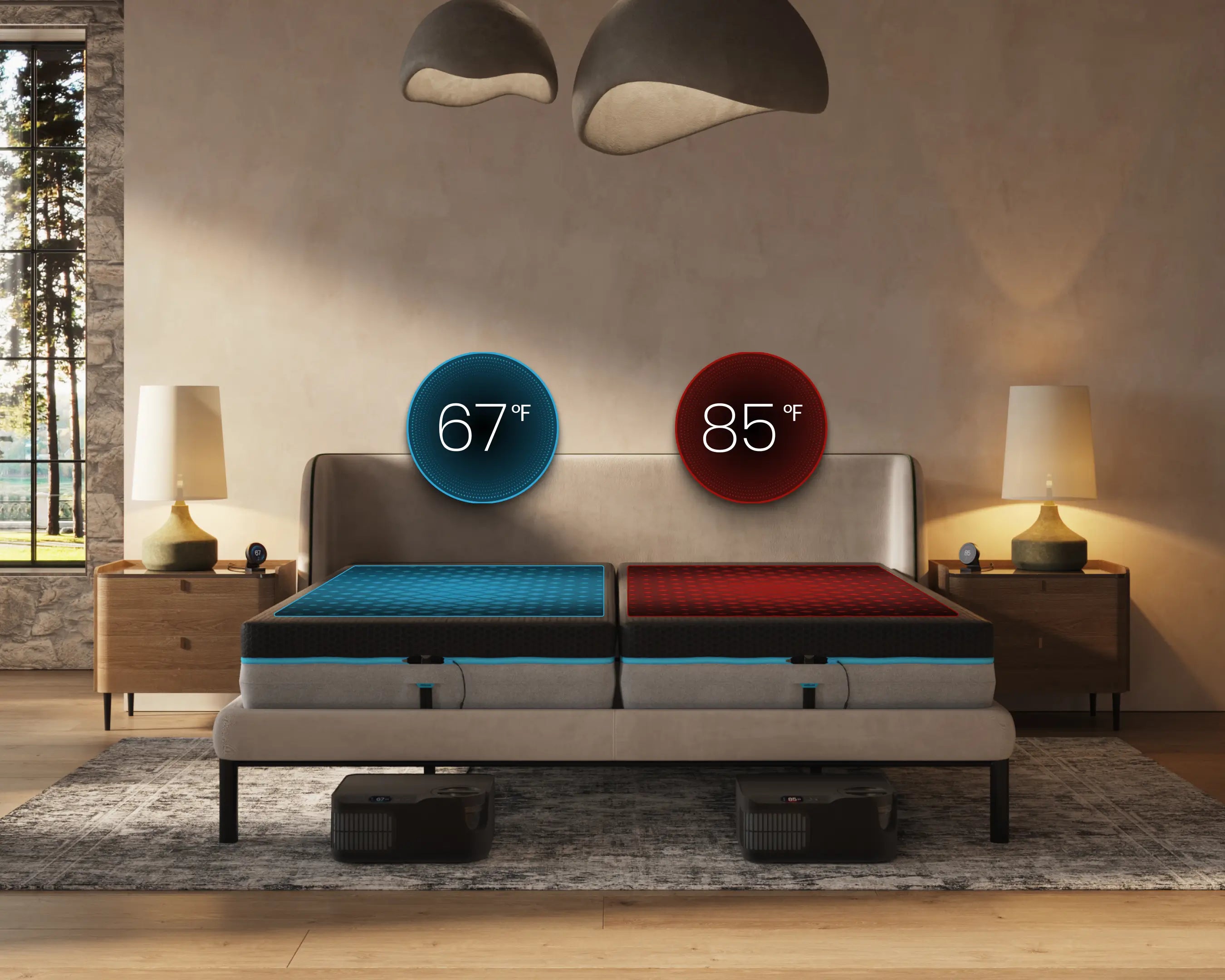 Smart mattress with temperature display in a modern bedroom. Chilipad split dual-zone topper.