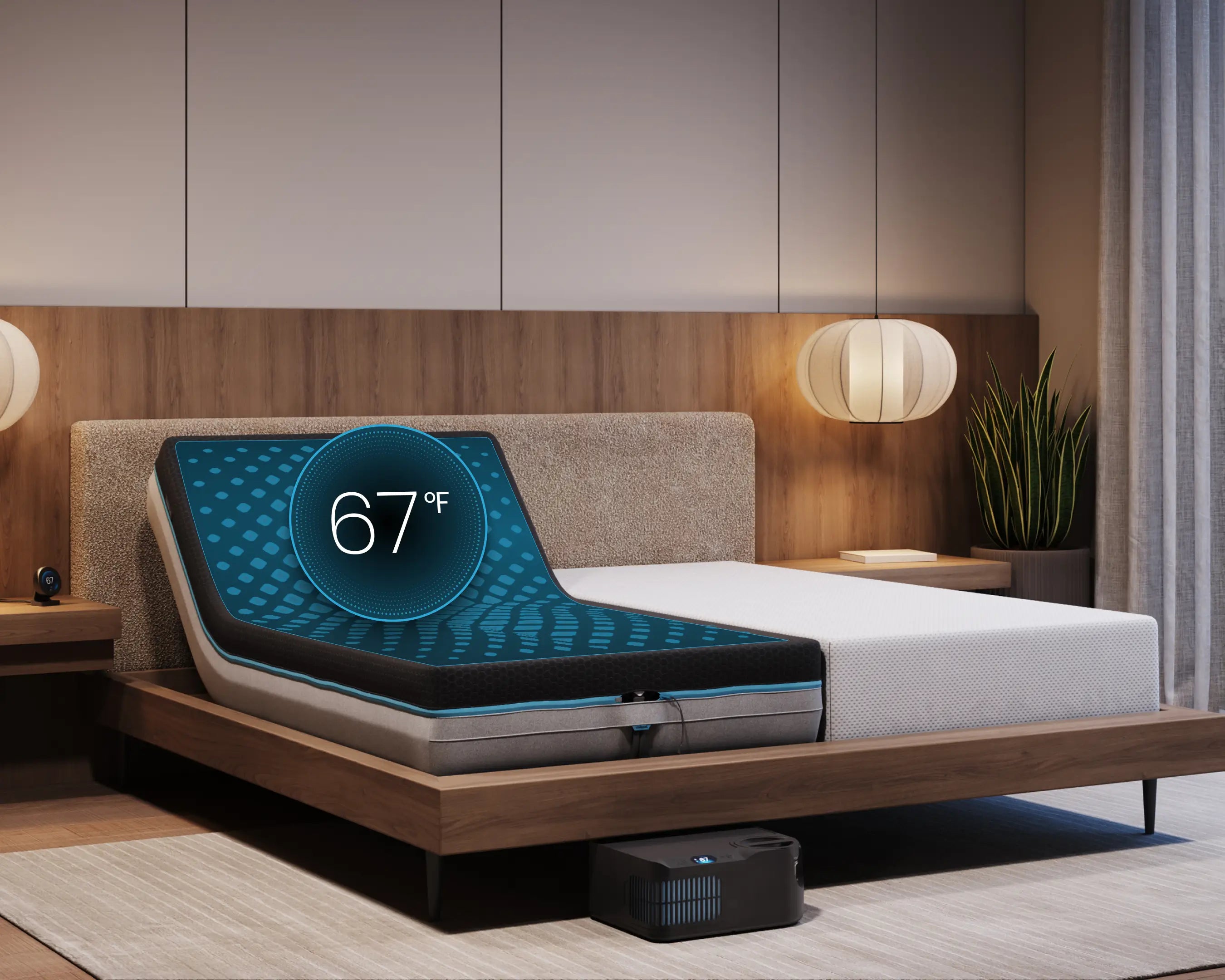Smart bed with digital display in a modern bedroom setting