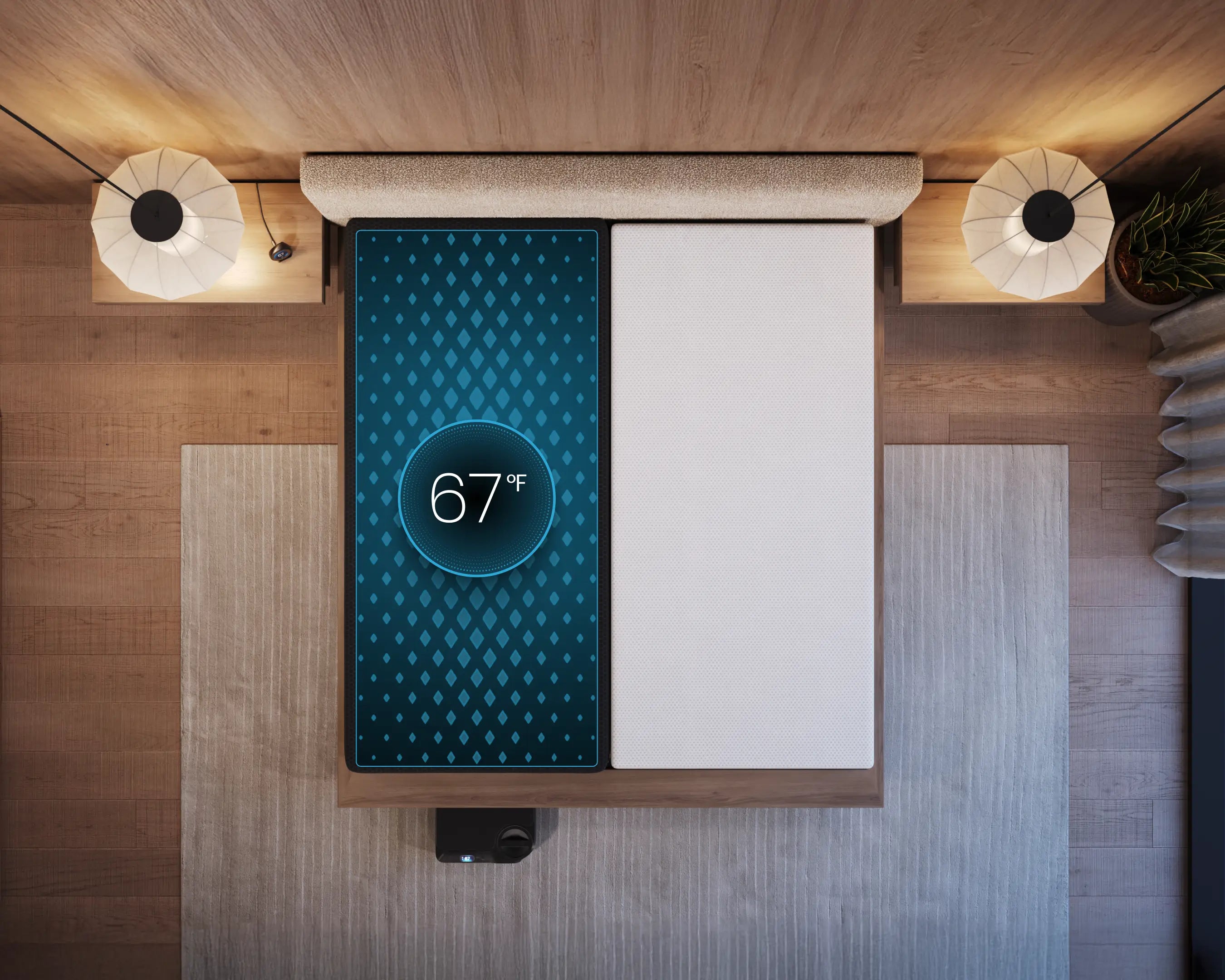 Smart desk with digital display showing temperature and time, set against a wooden floor.
