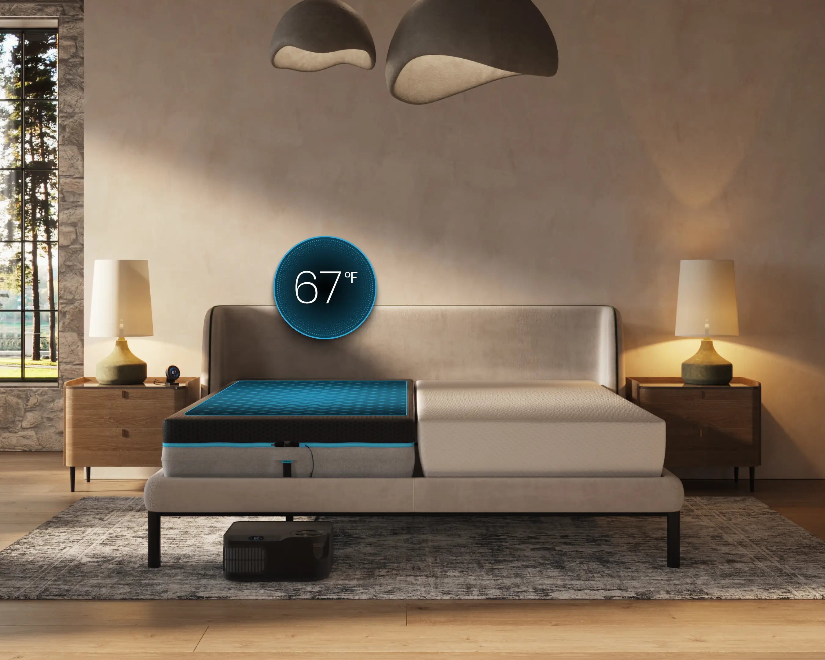 Modern bedroom with a smart mattress display showing temperature.