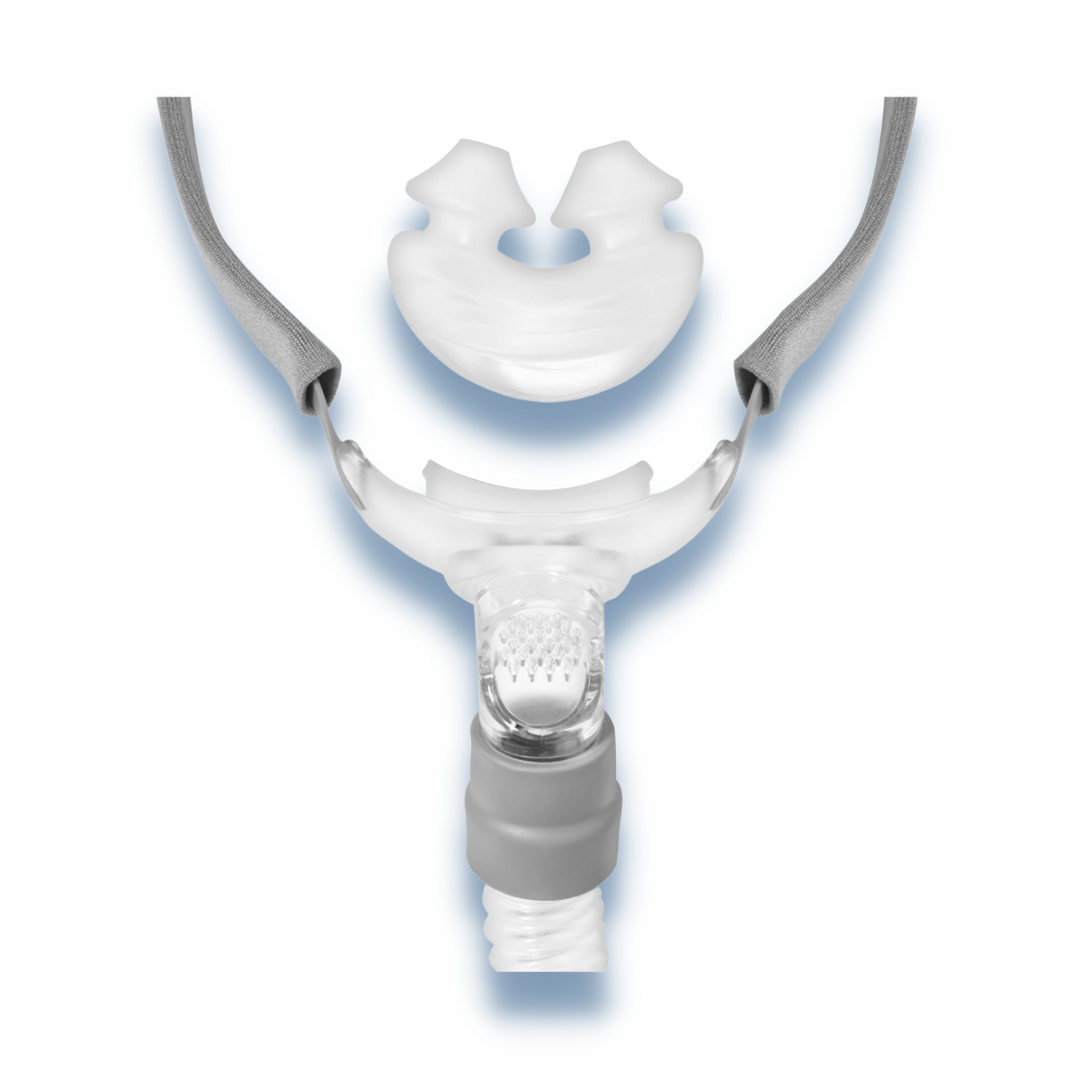Close-up exploded view of React Health Rio II nasal pillow CPAP mask assembly and rotating ball-joint