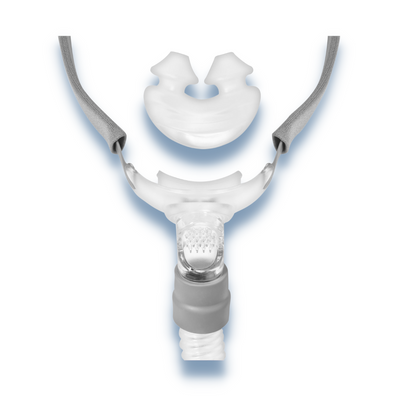 Close-up exploded view of React Health Rio II nasal pillow CPAP mask assembly and rotating ball-joint