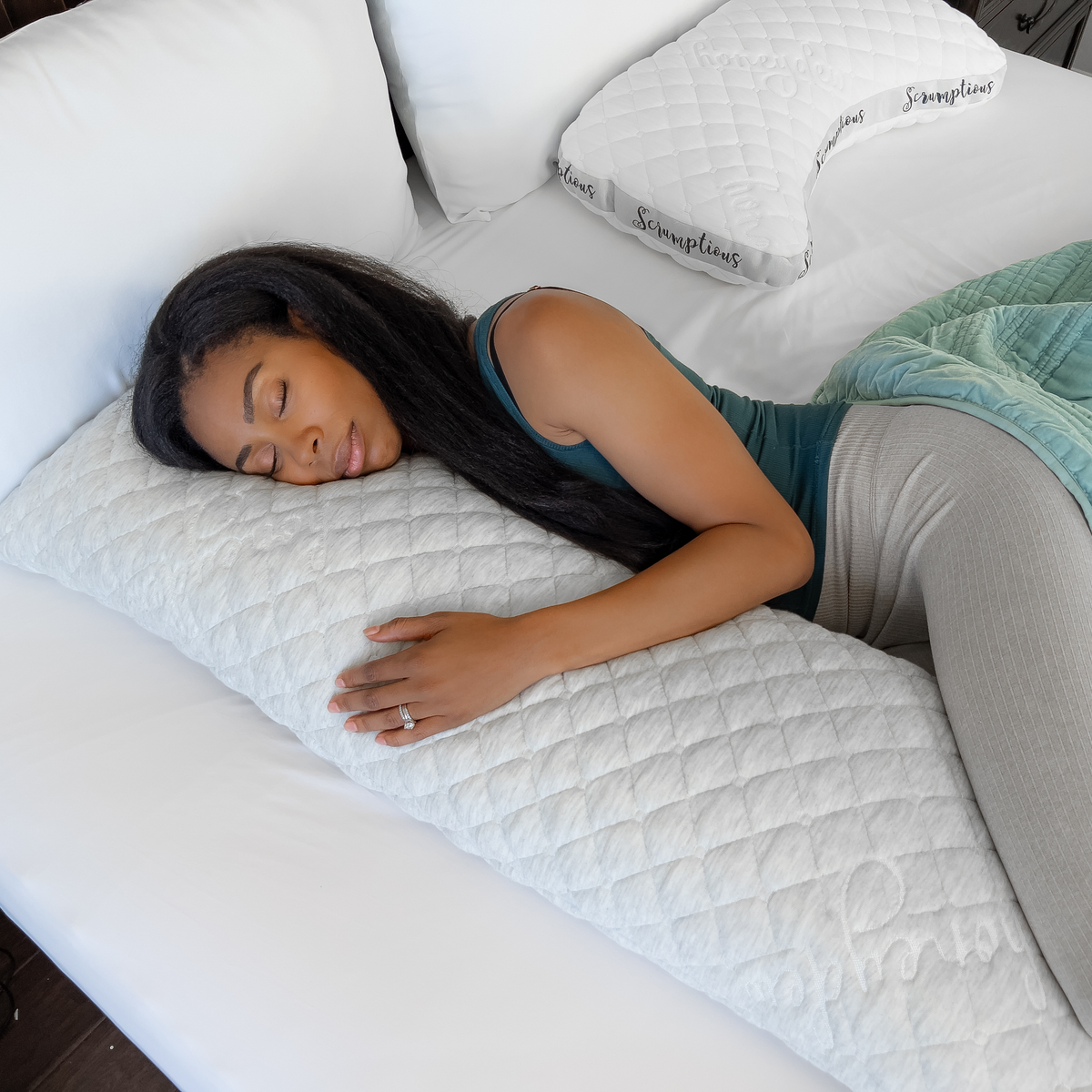 Close-up of plush breathable fabric cover and stitching on Body by Honeydew body pillow