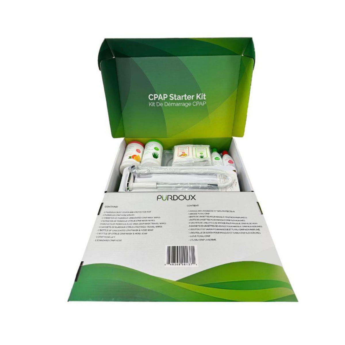 Overview checklist and itemized contents printed on Heartstrong Sleep CPAP starter kit box