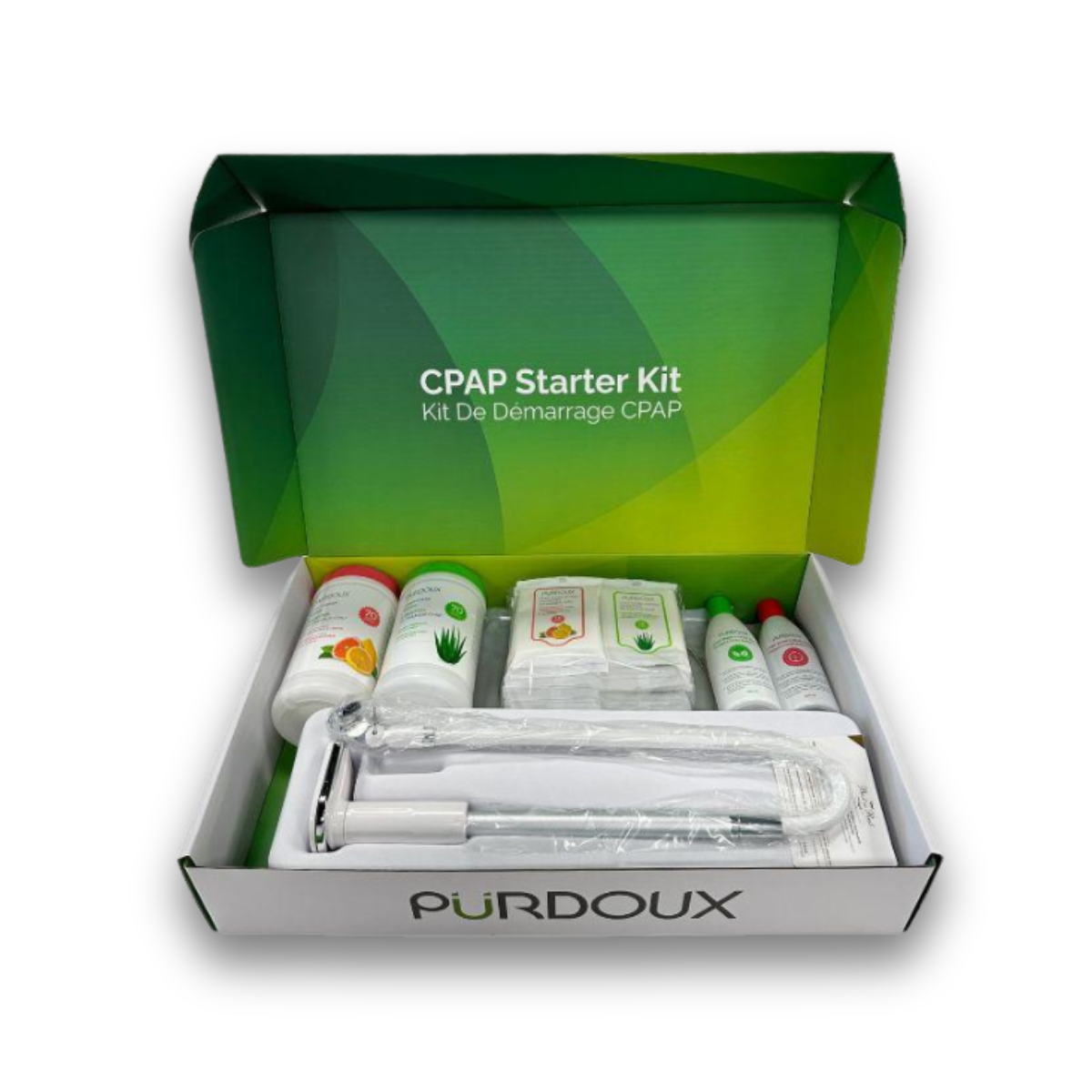 Heartstrong Sleep CPAP starter kit box containing essential cleaning and comfort supplies