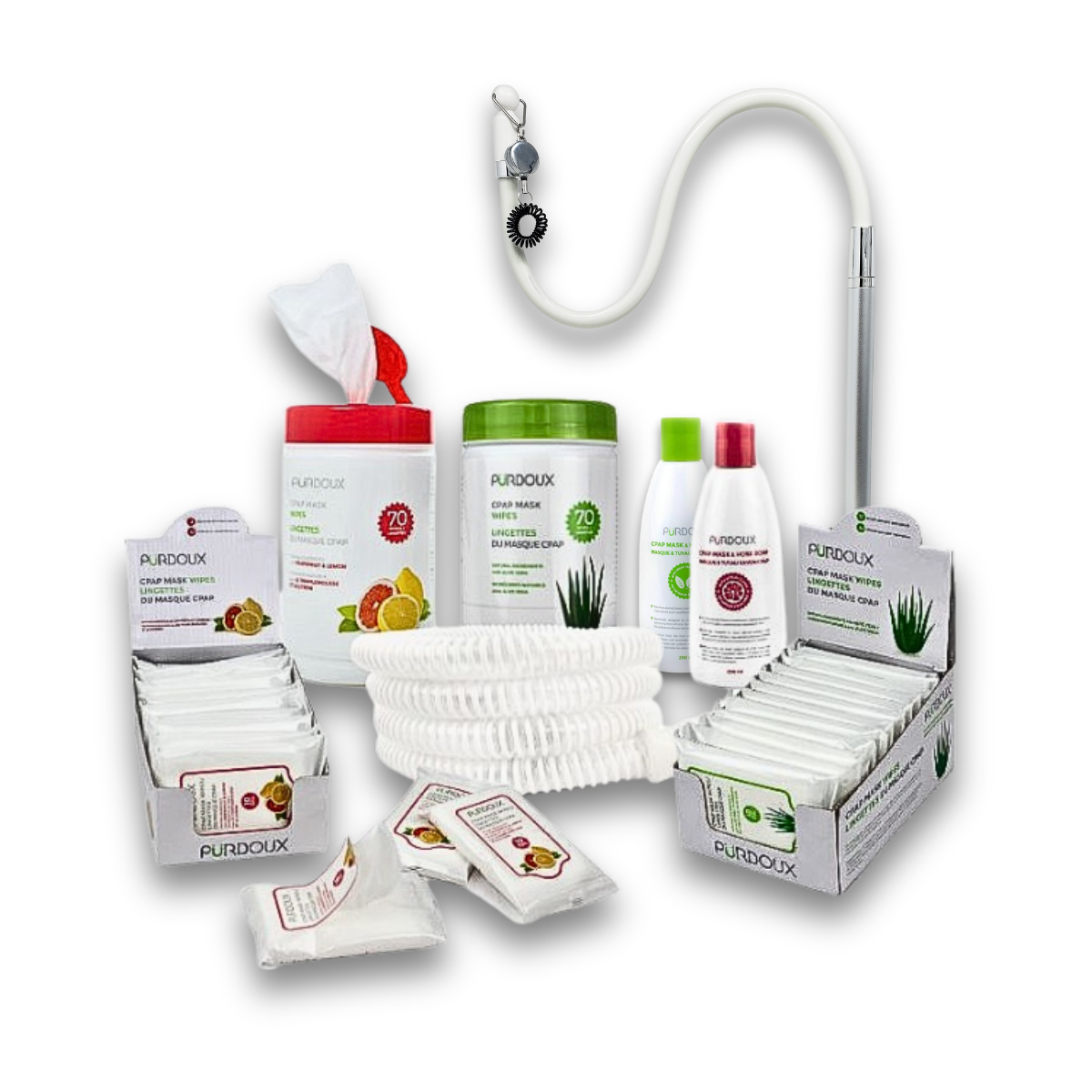 Full contents of Heartstrong Sleep CPAP starter kit including tube brush, wipes, and hose holder