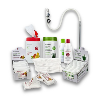 Full contents of Heartstrong Sleep CPAP starter kit including tube brush, wipes, and hose holder