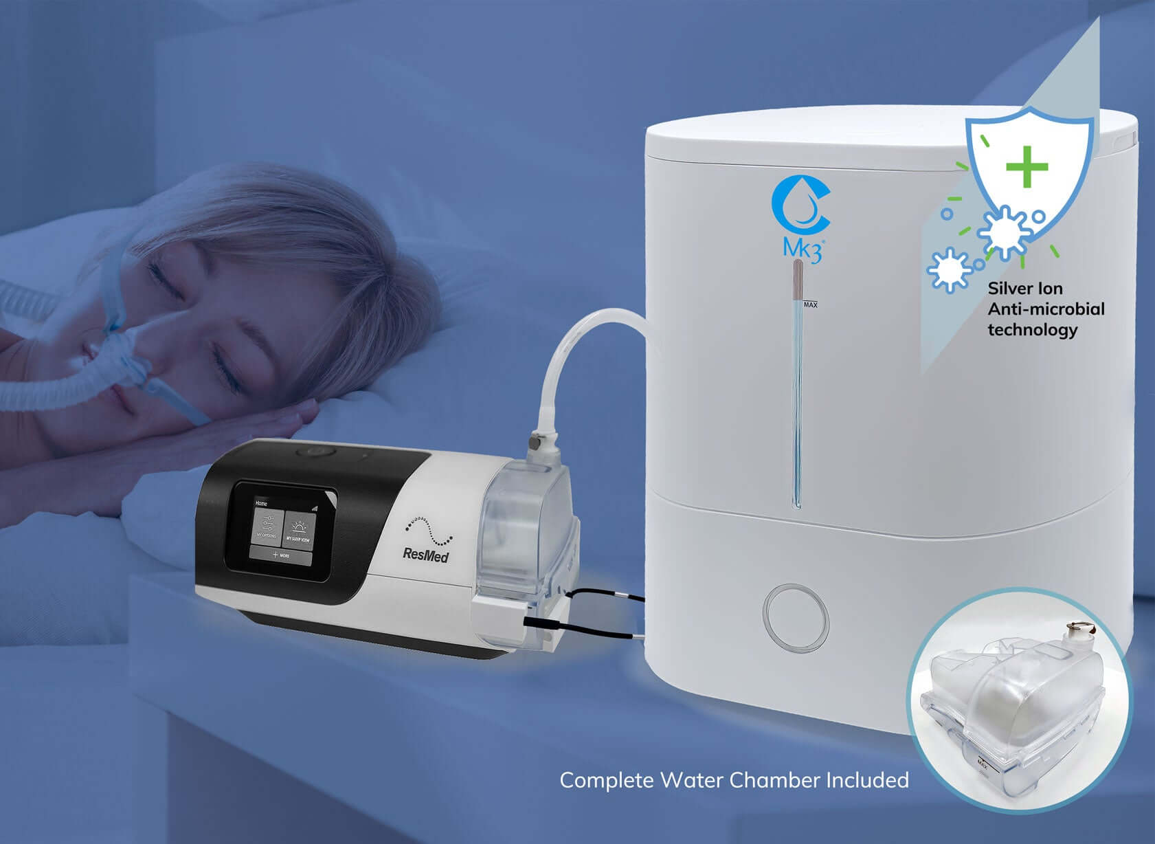 CSpring Automatic Water Refill System -Sleep apnea machine with water chamber on a blue background