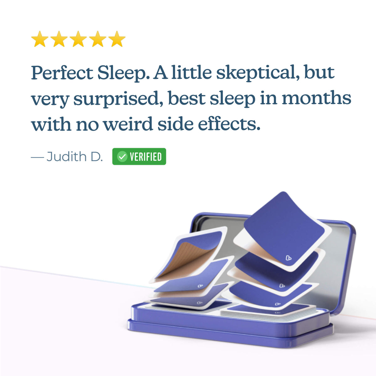 Customer review testimonial highlighting improved sleep quality using Vibrants Good Night Patches