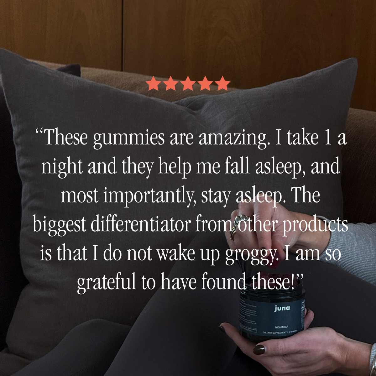 Customer review testimonial praising restful sleep from Juna Nightcap sleep gummies