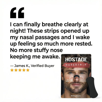 Customer testimonial reviewing snoring reduction and deeper sleep with Hostage Nose Strips